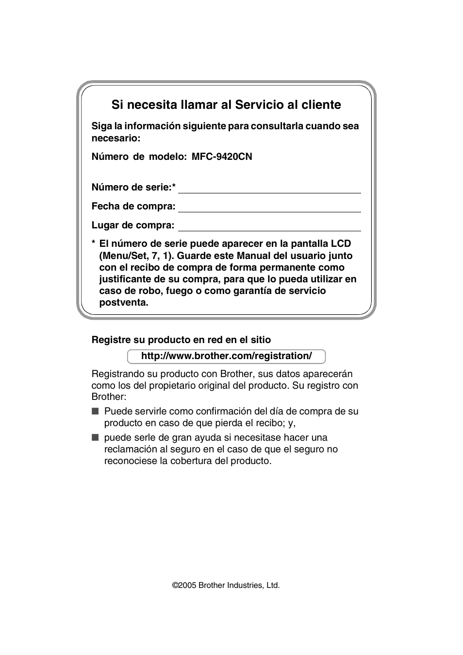 Si necesita llamar al servicio al cliente | Brother MFC-9420CN User Manual | Page 2 / 184