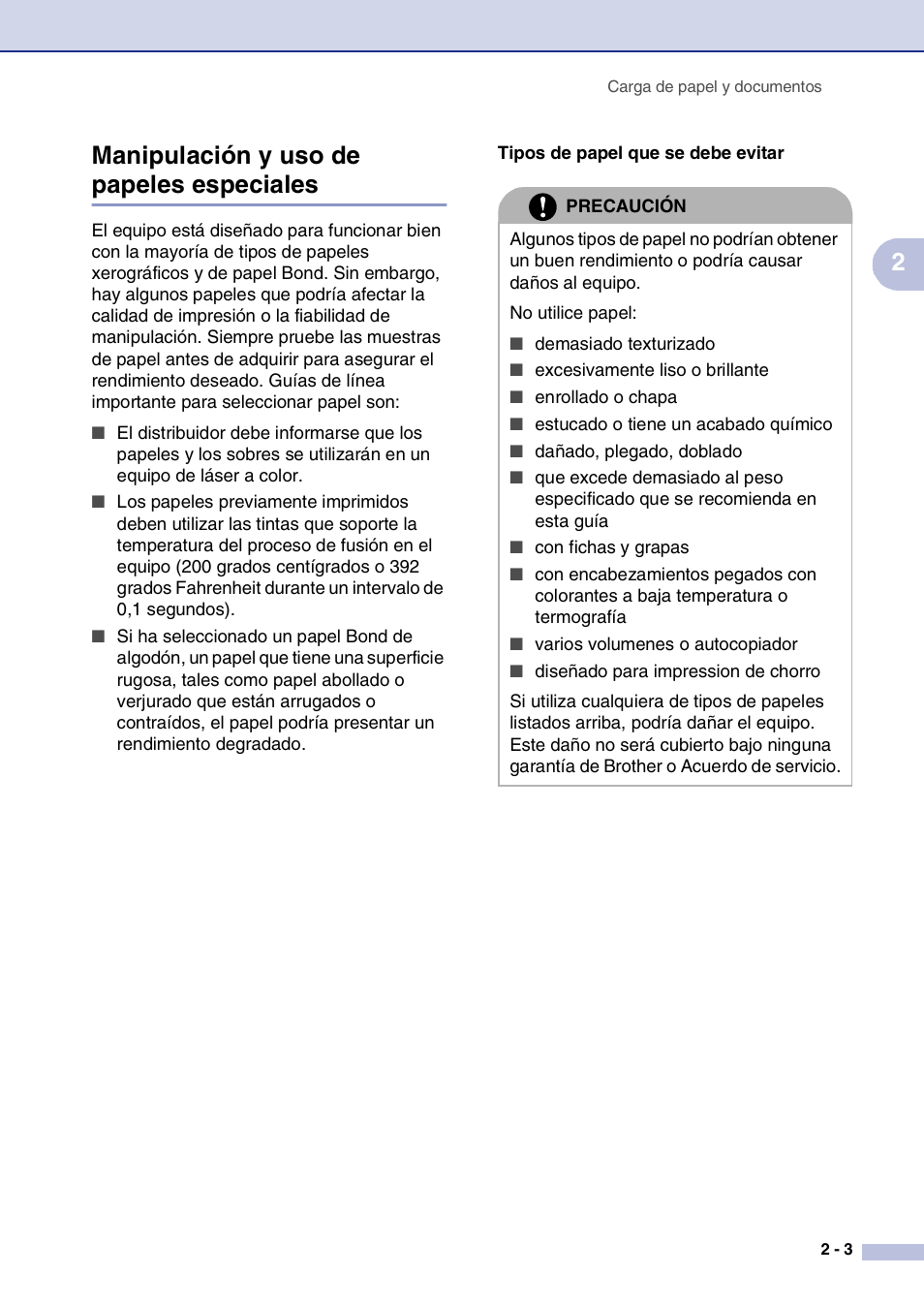 Manipulación y uso de papeles especiales, Manipulación y uso de papeles especiales -3, 2manipulación y uso de papeles especiales | Brother MFC-9420CN User Manual | Page 23 / 184