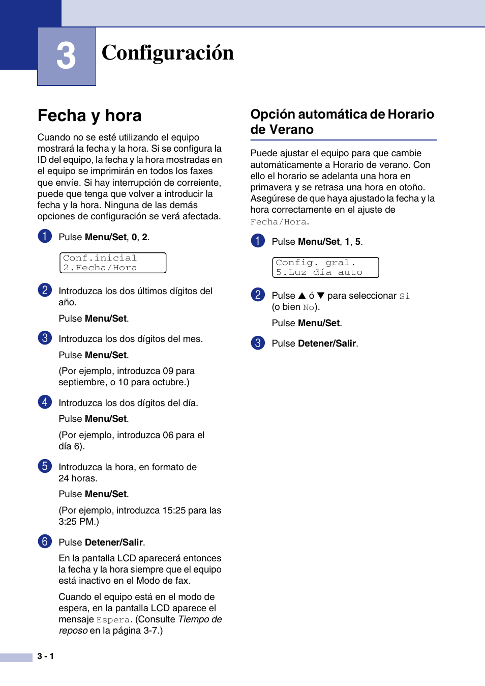 3 configuración, Fecha y hora, Opción automática de horario de verano | Configuración, Fecha y hora -1, Opción automática de horario de verano -1 | Brother MFC-9420CN User Manual | Page 32 / 184