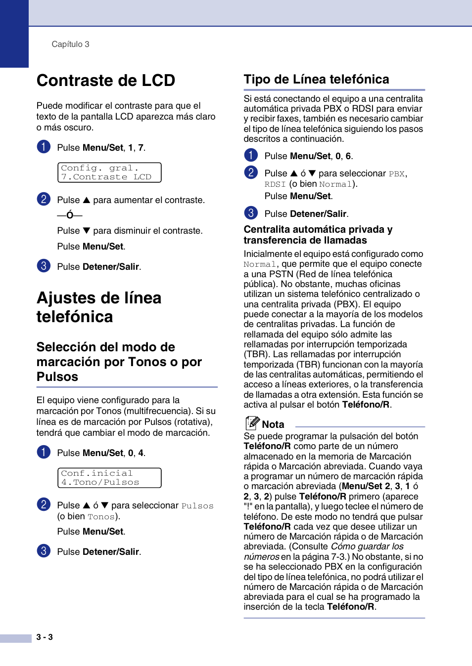Contraste de lcd, Ajustes de línea telefónica, Tipo de línea telefónica | Contraste de lcd -3 ajustes de línea telefónica -3 | Brother MFC-9420CN User Manual | Page 34 / 184