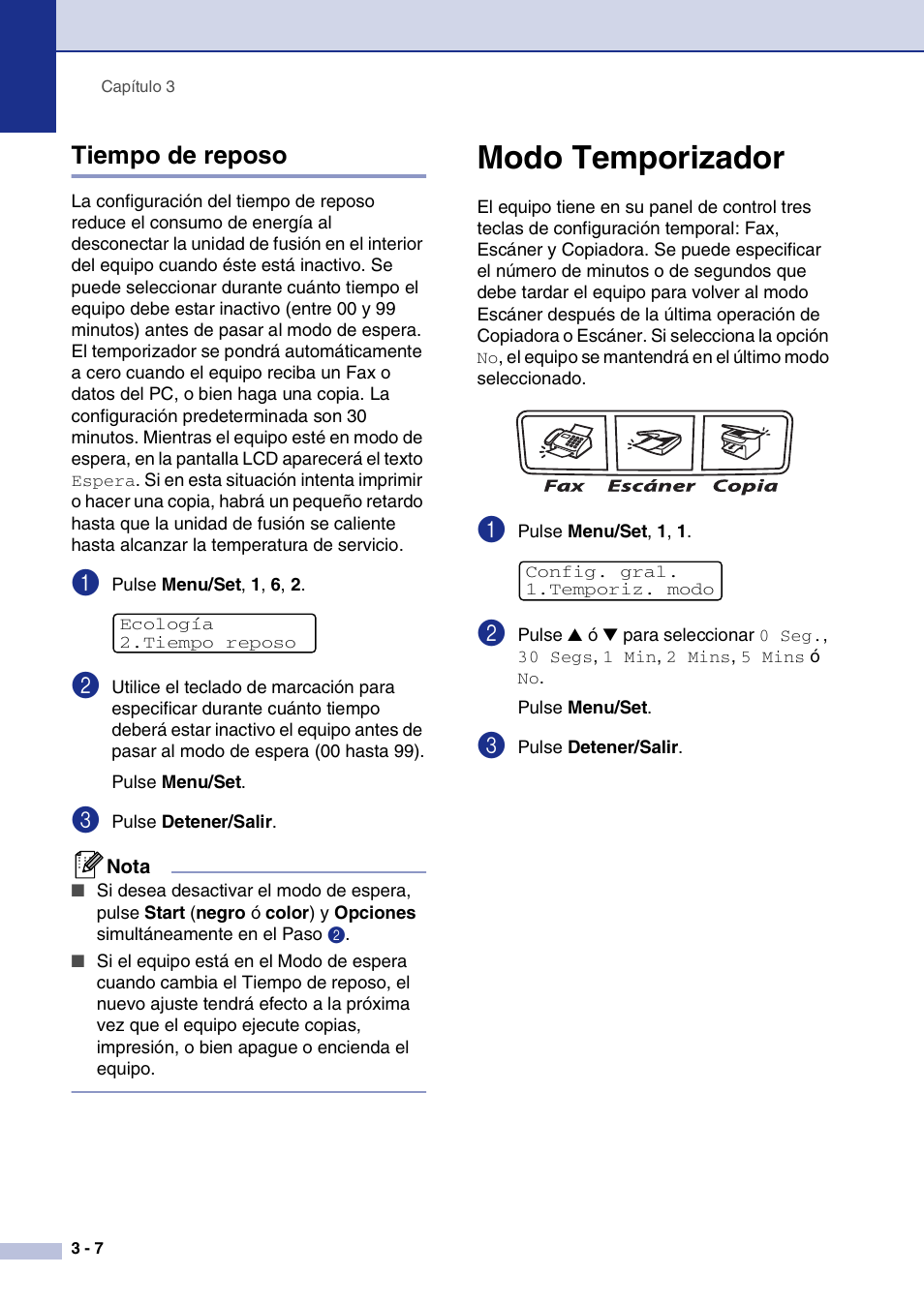 Tiempo de reposo, Modo temporizador, Tiempo de reposo -7 | Modo temporizador -7 | Brother MFC-9420CN User Manual | Page 38 / 184