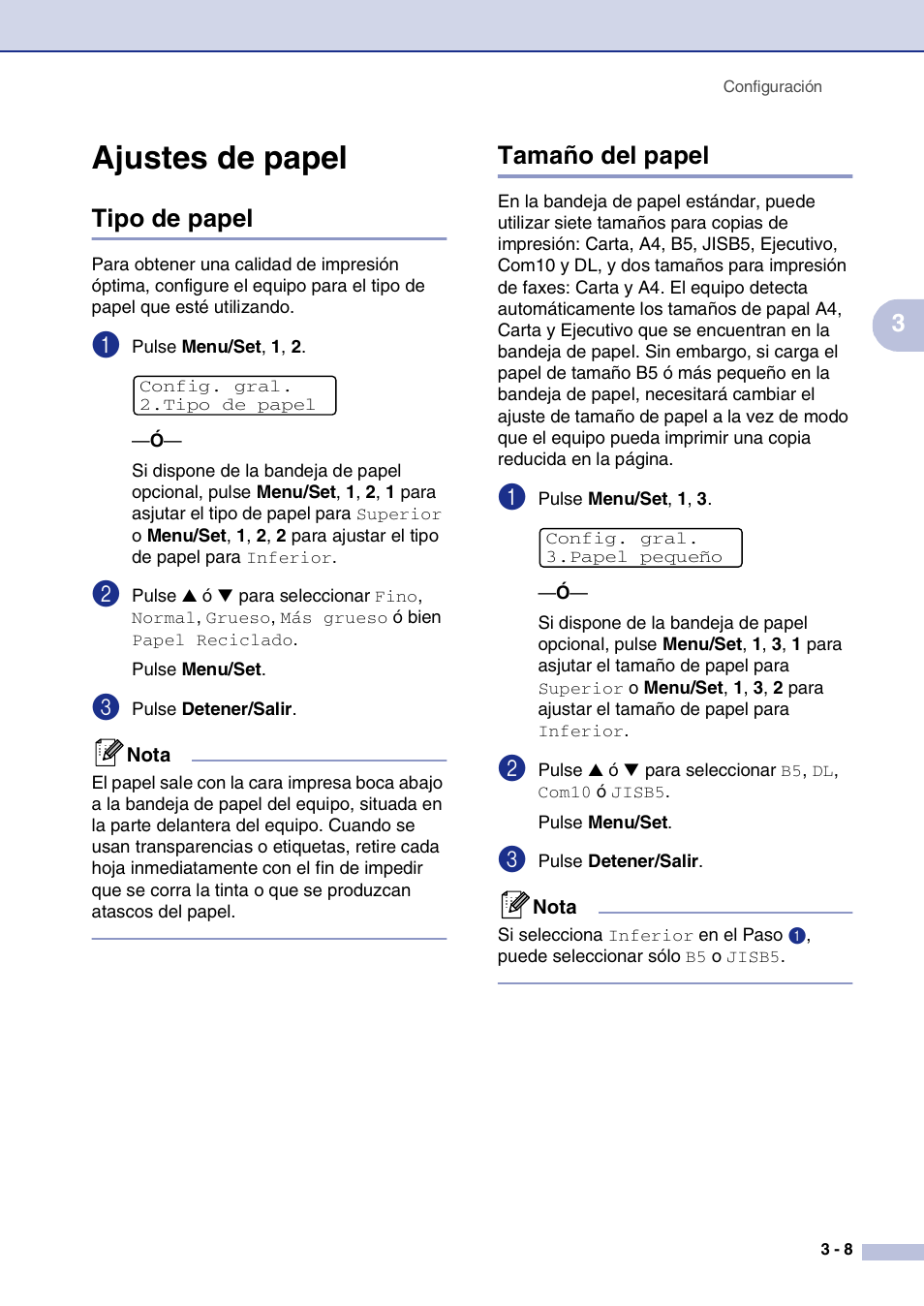 Ajustes de papel, Tipo de papel, Tamaño del papel | Ajustes de papel -8, Tipo de papel -8 tamaño del papel -8 | Brother MFC-9420CN User Manual | Page 39 / 184