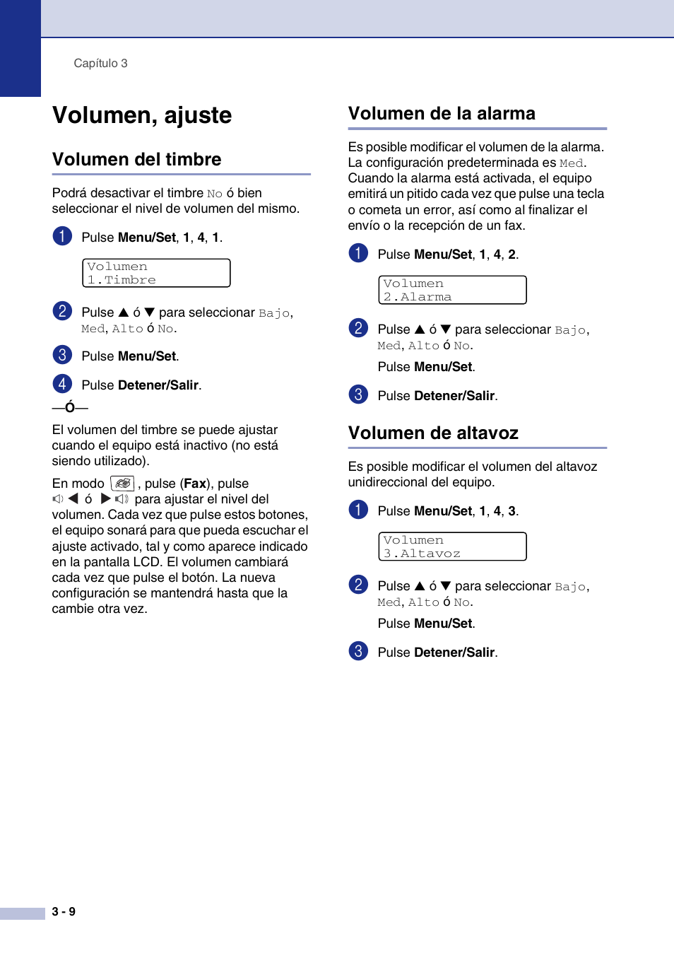 Volumen, ajuste, Volumen del timbre, Volumen de la alarma | Volumen de altavoz, Volumen, ajuste -9 | Brother MFC-9420CN User Manual | Page 40 / 184