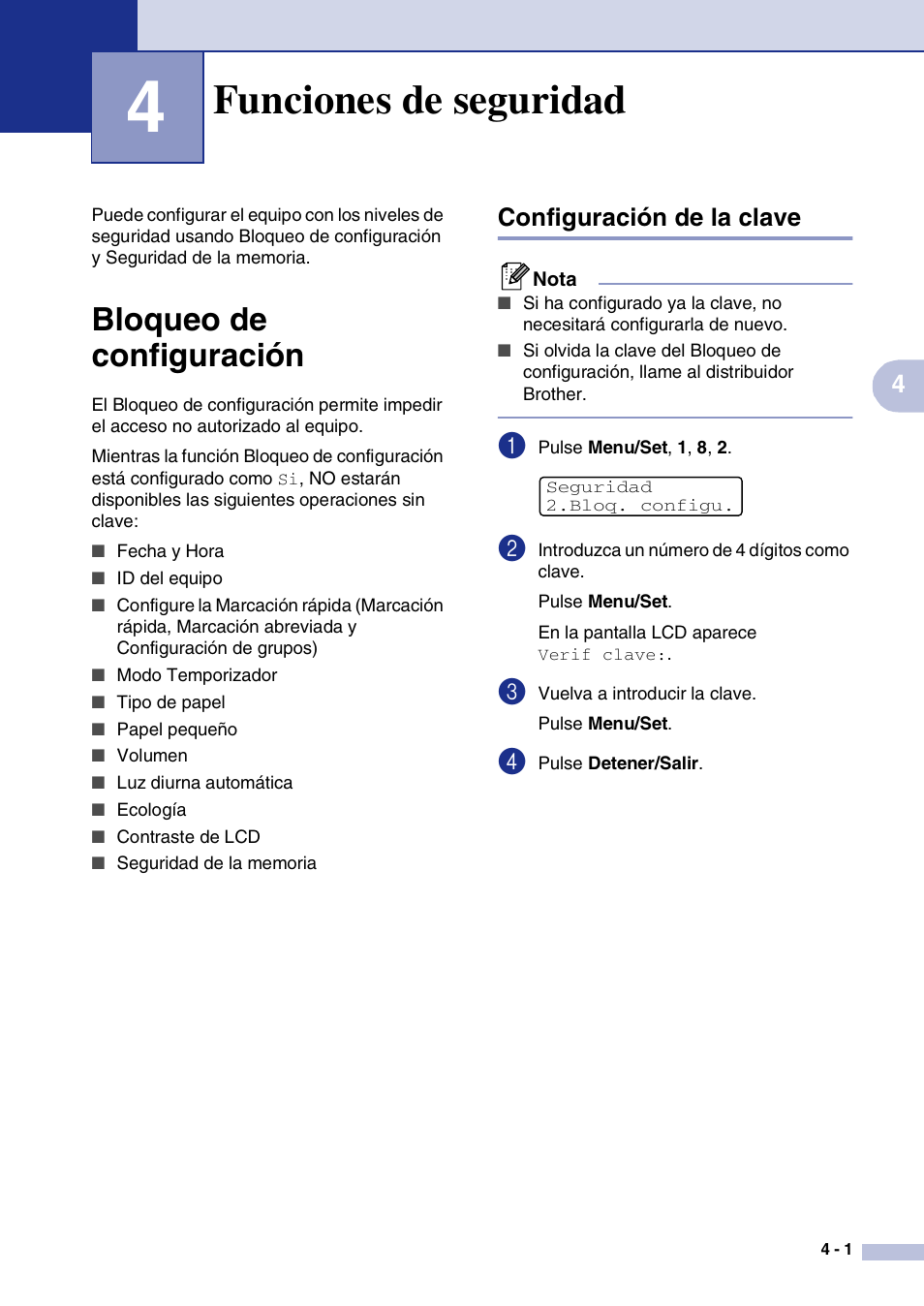 4 funciones de seguridad, Bloqueo de configuración, Configuración de la clave | Funciones de seguridad, Bloqueo de configuración -1, Configuración de la clave -1 | Brother MFC-9420CN User Manual | Page 41 / 184