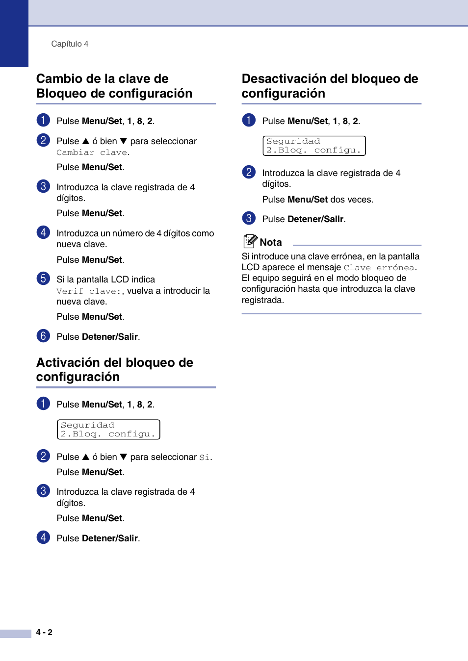 Cambio de la clave de bloqueo de configuración, Activación del bloqueo de configuración, Desactivación del bloqueo de configuración | Brother MFC-9420CN User Manual | Page 42 / 184