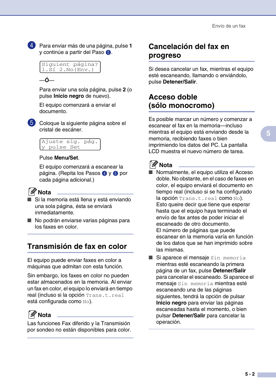 Transmisión de fax en color, Cancelación del fax en progreso, Acceso doble (sólo monocromo) | Brother MFC-9420CN User Manual | Page 47 / 184