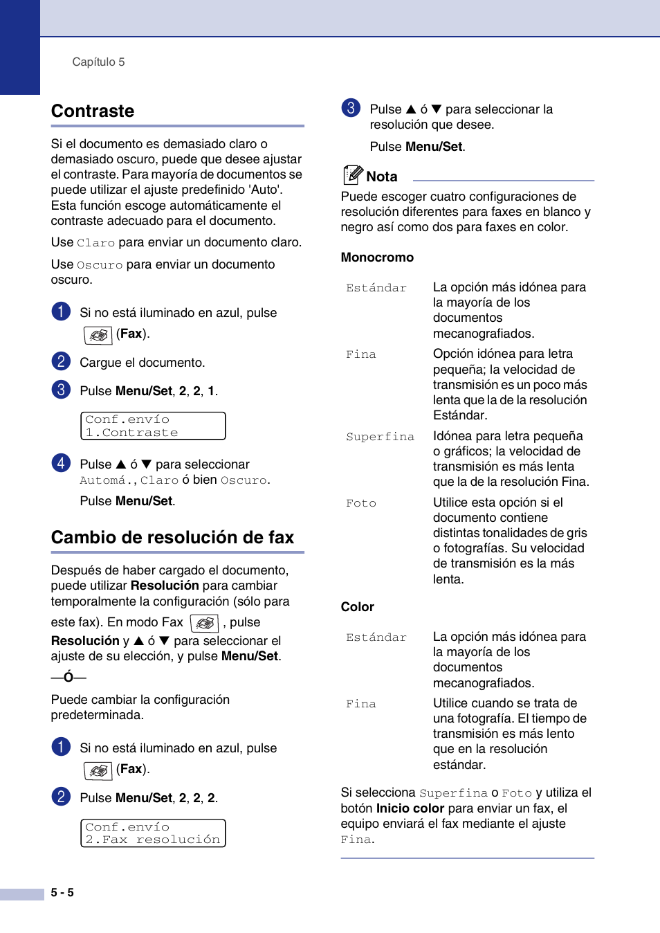 Contraste, Cambio de resolución de fax, Contraste -5 cambio de resolución de fax -5 | Brother MFC-9420CN User Manual | Page 50 / 184