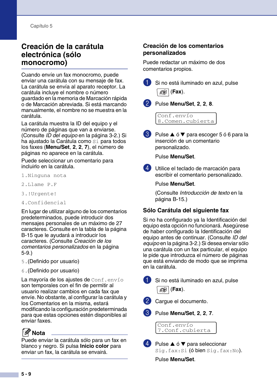 Creación de los comentarios personalizados, Sólo carátula del siguiente fax | Brother MFC-9420CN User Manual | Page 54 / 184