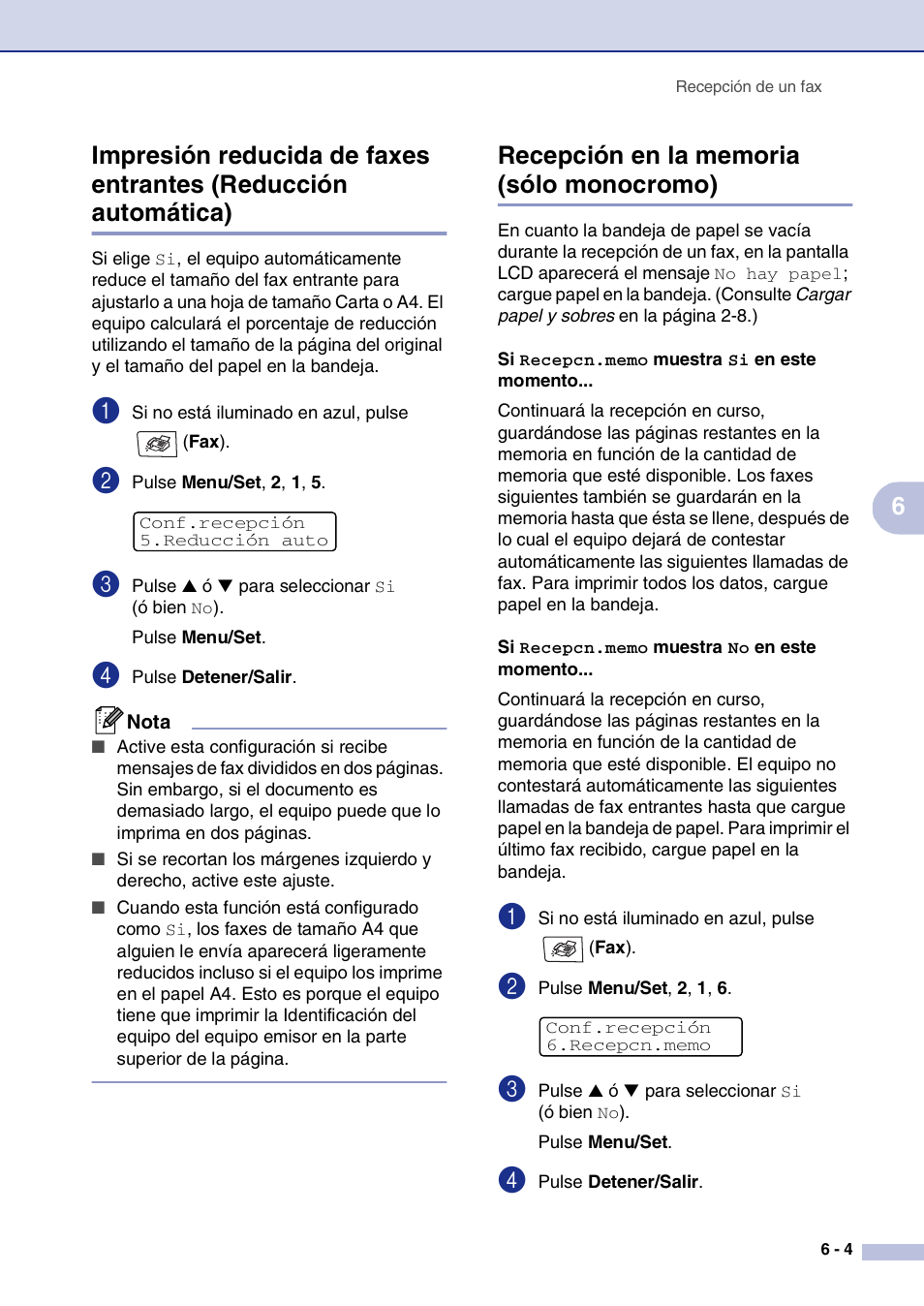 Recepción en la memoria (sólo monocromo) | Brother MFC-9420CN User Manual | Page 59 / 184