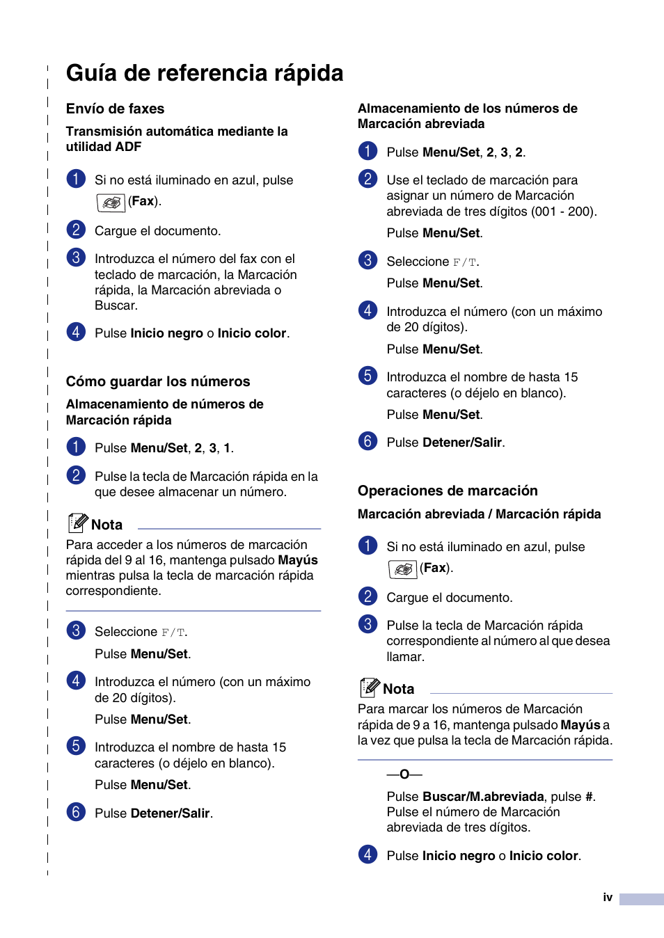 Guía de referencia rápida, Envío de faxes, Cómo guardar los números | Operaciones de marcación | Brother MFC-9420CN User Manual | Page 6 / 184