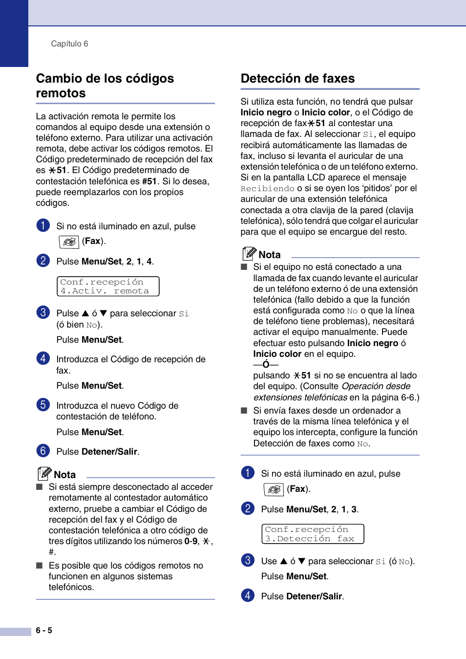 Cambio de los códigos remotos, Detección de faxes | Brother MFC-9420CN User Manual | Page 60 / 184