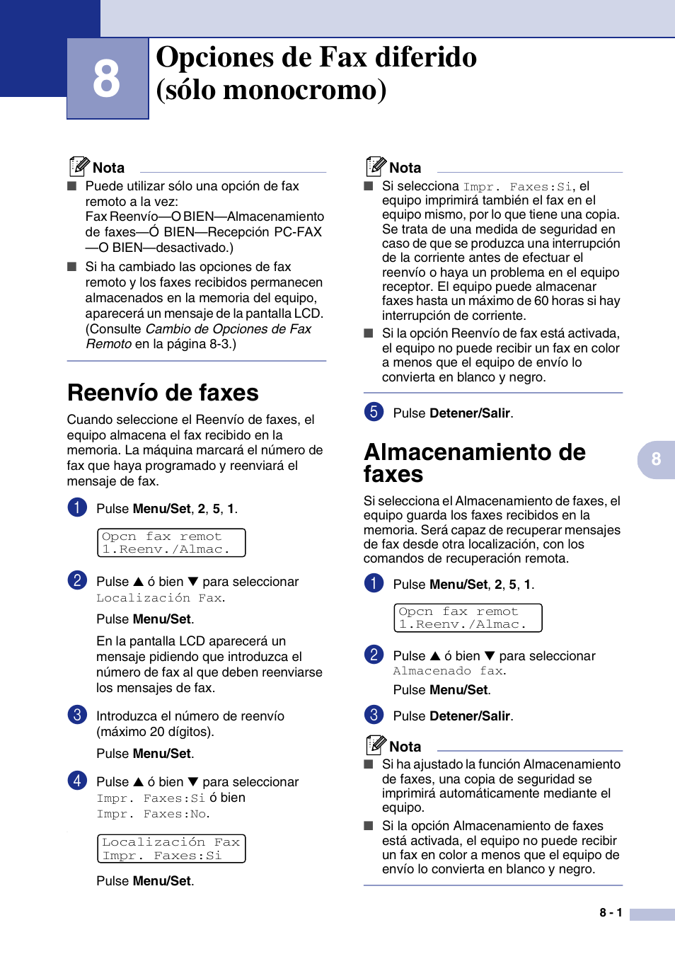 8 opciones de fax diferido (sólo monocromo), Reenvío de faxes, Almacenamiento de faxes | Opciones de fax diferido (sólo monocromo), Reenvío de faxes -1 almacenamiento de faxes -1 | Brother MFC-9420CN User Manual | Page 69 / 184