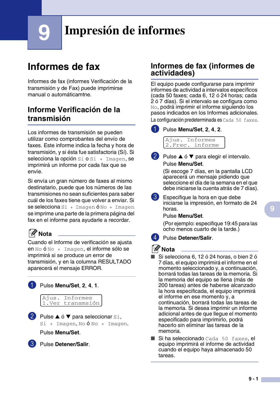 9 impresión de informes, Informes de fax, Informe verificación de la transmisión | Informes de fax (informes de actividades), Impresión de informes, Informes de fax -1 | Brother MFC-9420CN User Manual | Page 75 / 184