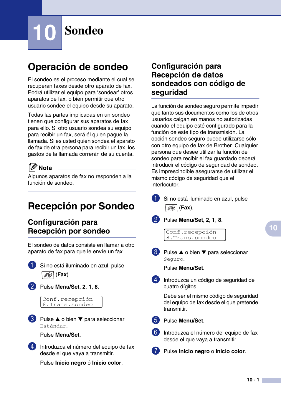 10 sondeo, Operación de sondeo, Recepción por sondeo | Configuración para recepción por sondeo, Sondeo, Operación de sondeo -1 recepción por sondeo -1, Código de seguridad -1 | Brother MFC-9420CN User Manual | Page 77 / 184