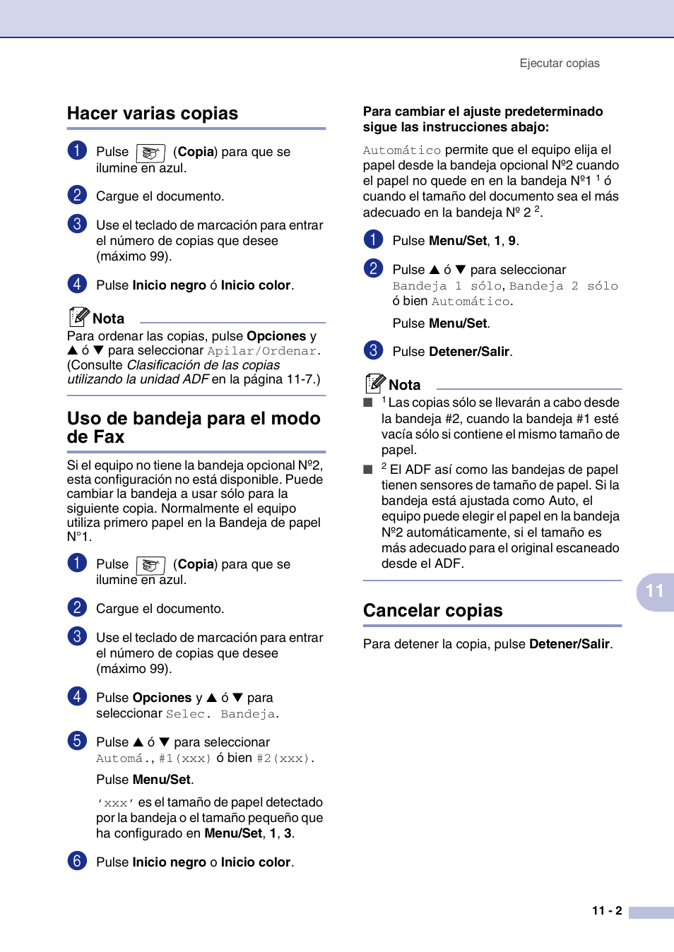 Hacer varias copias, Uso de bandeja para el modo de fax, Cancelar copias | 11 hacer varias copias | Brother MFC-9420CN User Manual | Page 83 / 184