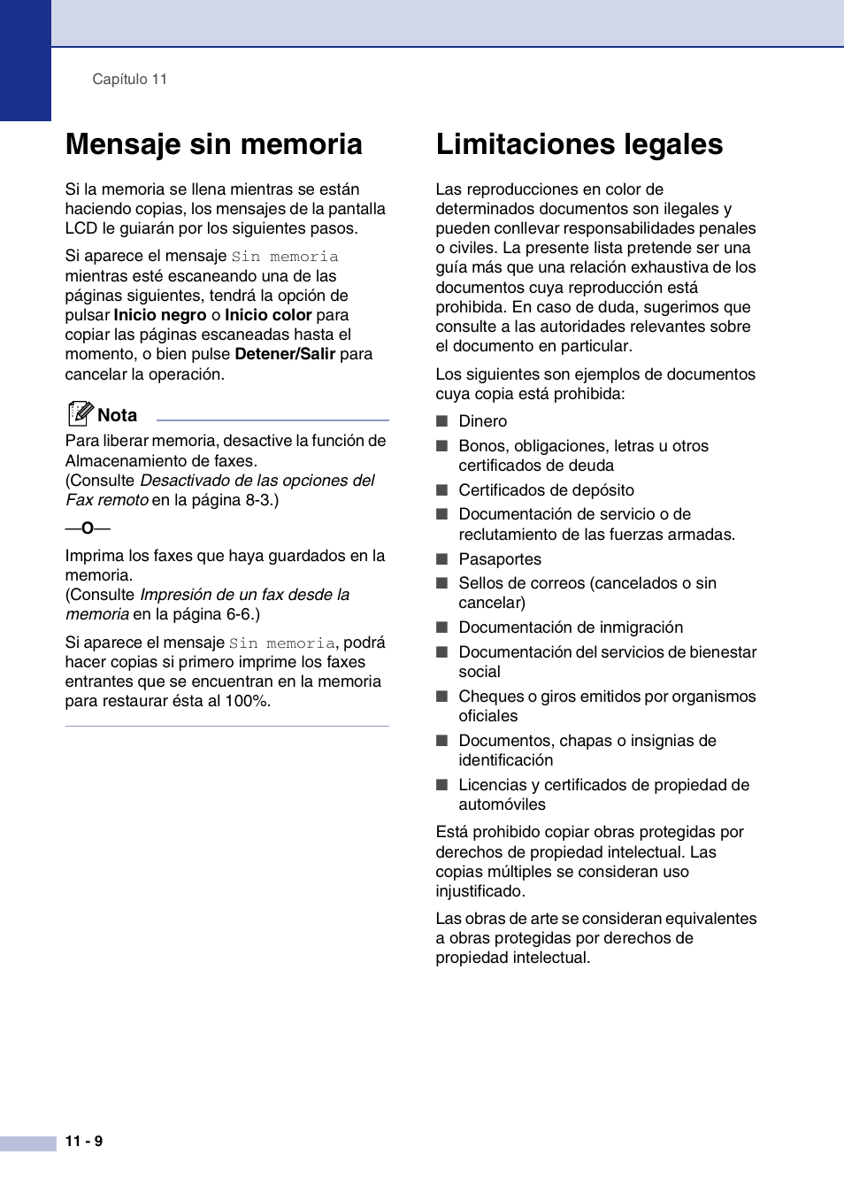 Mensaje sin memoria, Limitaciones legales, Mensaje sin memoria -9 limitaciones legales -9 | Brother MFC-9420CN User Manual | Page 90 / 184