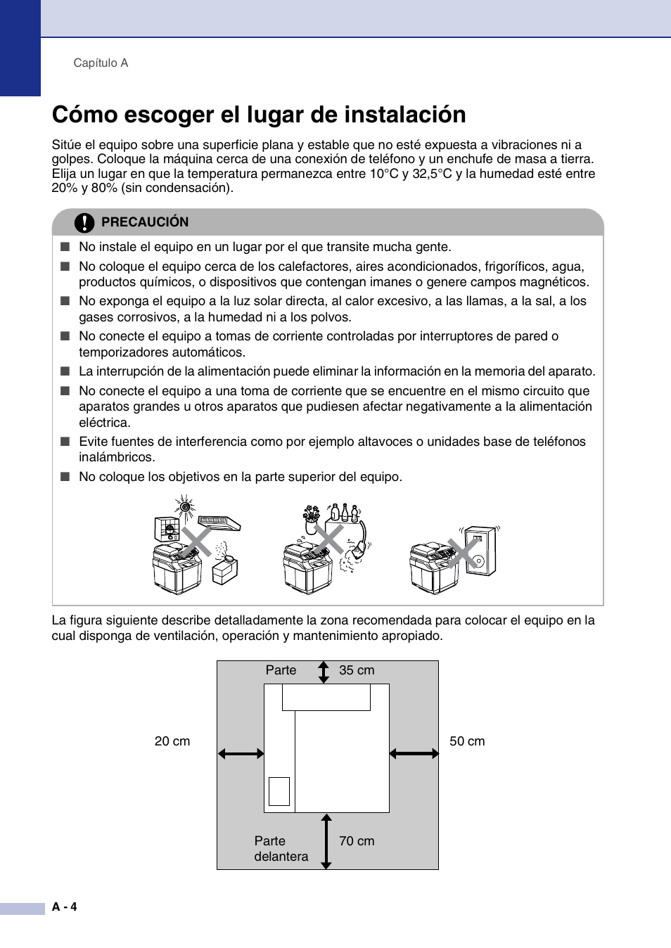 Cómo escoger el lugar de instalación | Brother MFC-9420CN User Manual | Page 96 / 184