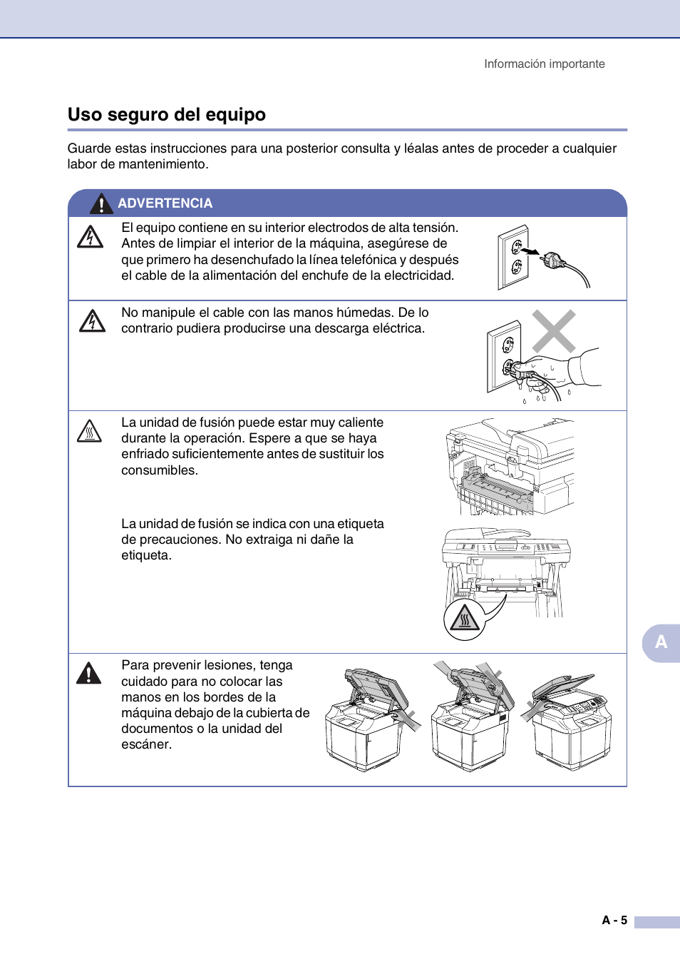 Uso seguro del equipo, Auso seguro del equipo | Brother MFC-9420CN User Manual | Page 97 / 184