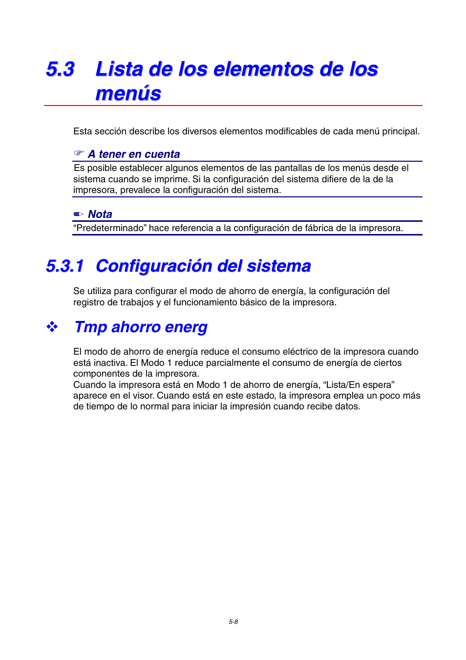 3 lista de los elementos de los menús, 1 configuración del sistema, Tmp ahorro energ | Configuración del sistema | Brother HL-4000CN User Manual | Page 101 / 192