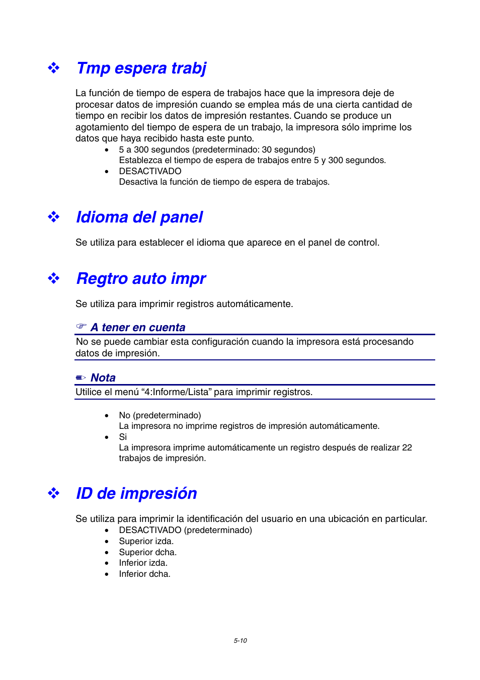 Tmp espera trabj, Idioma del panel, Regtro auto impr | Id de impresión | Brother HL-4000CN User Manual | Page 103 / 192
