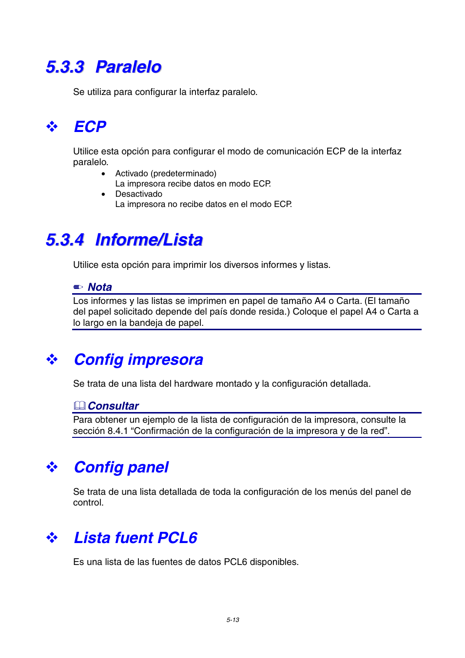 3 paralelo, 4 informe/lista, Config impresora | Config panel, Lista fuent pcl6, Paralelo, Informe/lista | Brother HL-4000CN User Manual | Page 106 / 192