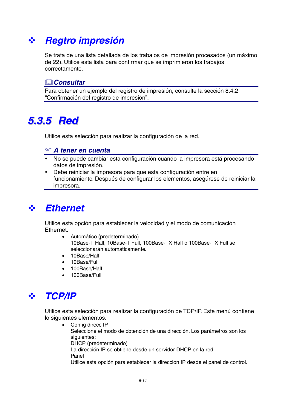 Regtro impresión, 5 red, Ethernet | Tcp/ip | Brother HL-4000CN User Manual | Page 107 / 192