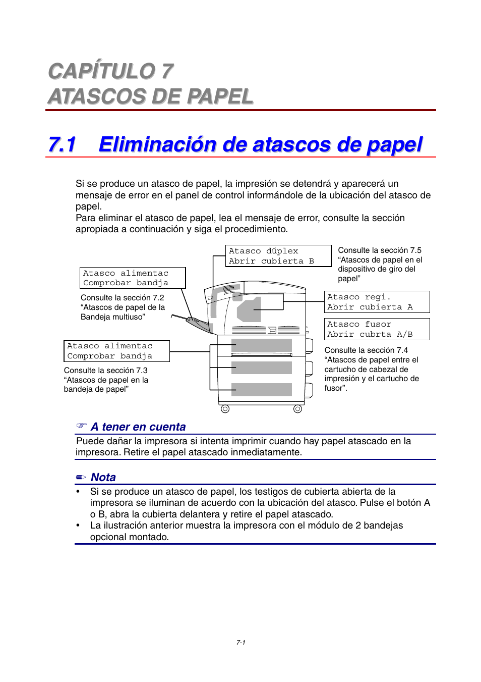 Capítulo 7 atascos de papel, 1 eliminación de atascos de papel | Brother HL-4000CN User Manual | Page 141 / 192