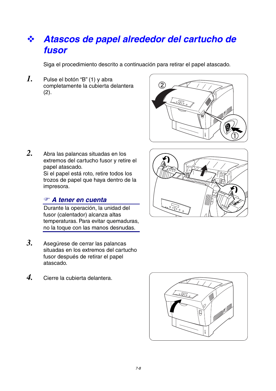 Atascos de papel alrededor del cartucho de fusor | Brother HL-4000CN User Manual | Page 148 / 192