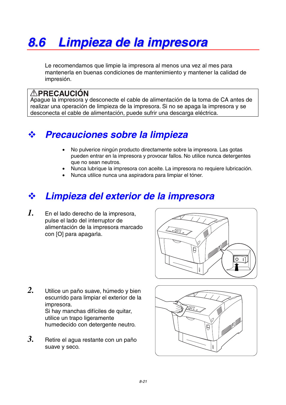 6 limpieza de la impresora, Precauciones sobre la limpieza, Limpieza del exterior de la impresora | Brother HL-4000CN User Manual | Page 173 / 192