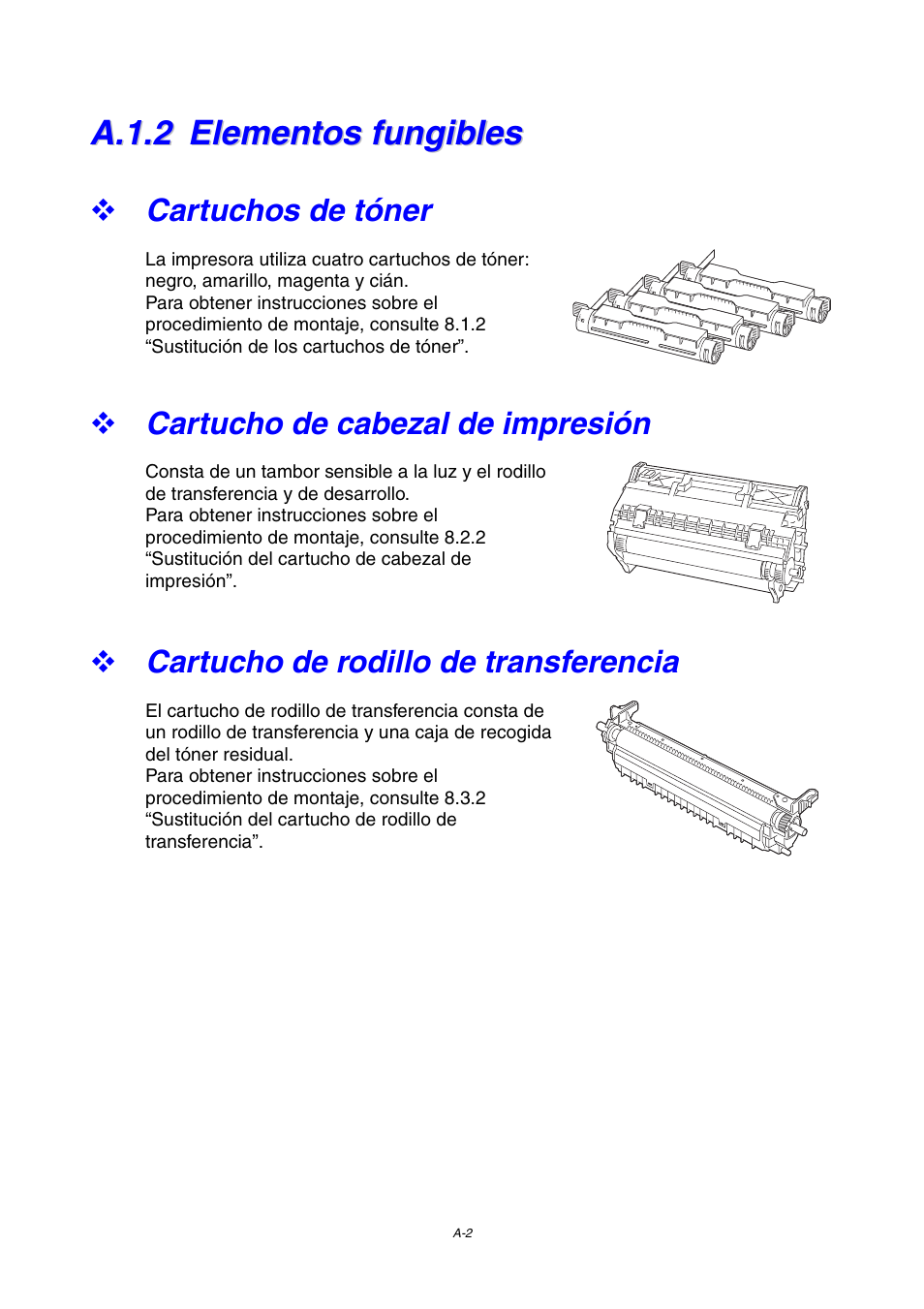 A.1.2 elementos fungibles, Cartuchos de tóner, Cartucho de cabezal de impresión | Cartucho de rodillo de transferencia, A.1.2, Elementos fungibles | Brother HL-4000CN User Manual | Page 182 / 192