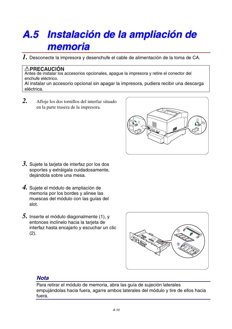 A.5 instalación de la ampliación de memoria, A-10 | Brother HL-4000CN User Manual | Page 190 / 192