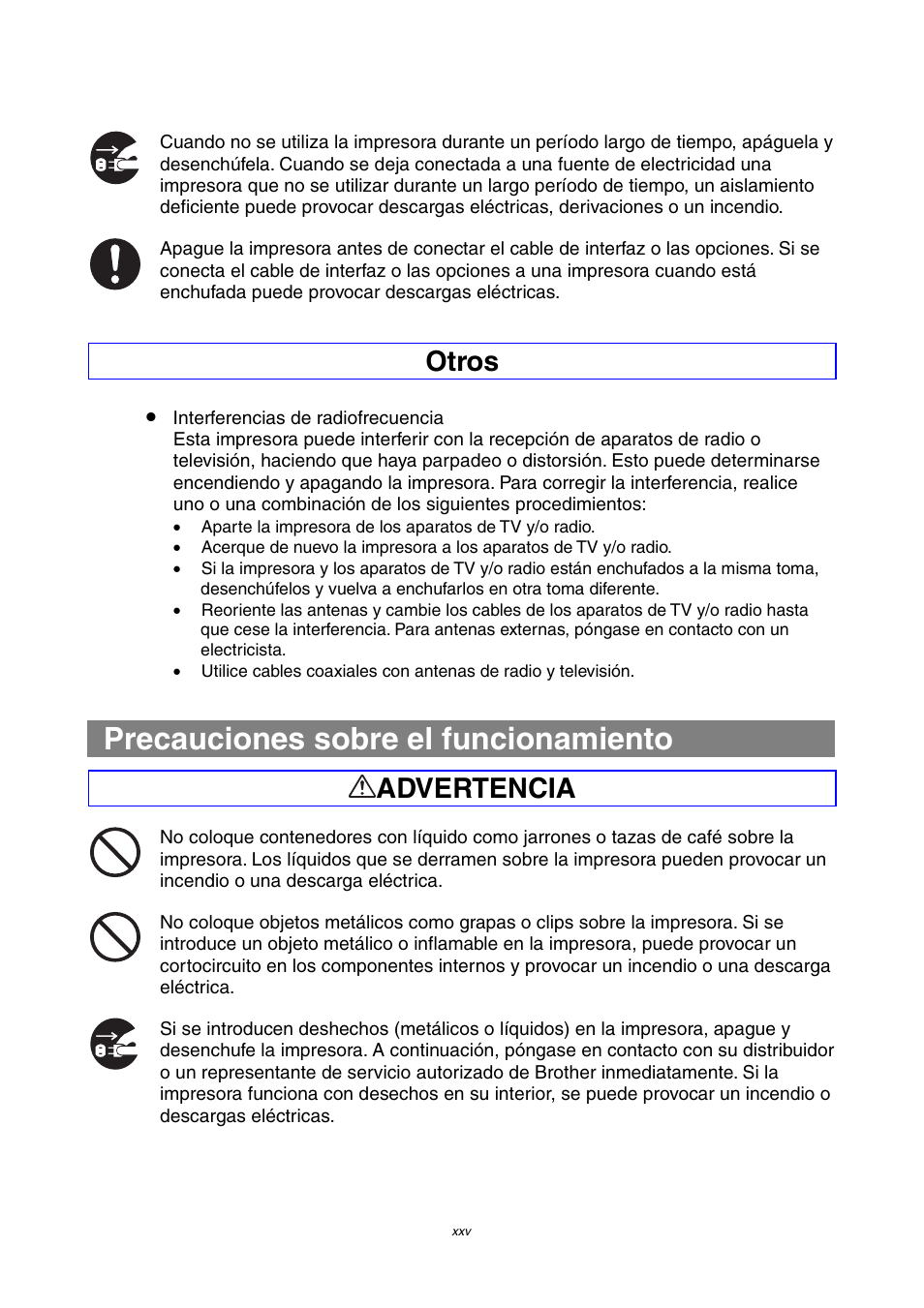 Precauciones sobre el funcionamiento, Otros, Advertencia | Brother HL-4000CN User Manual | Page 25 / 192