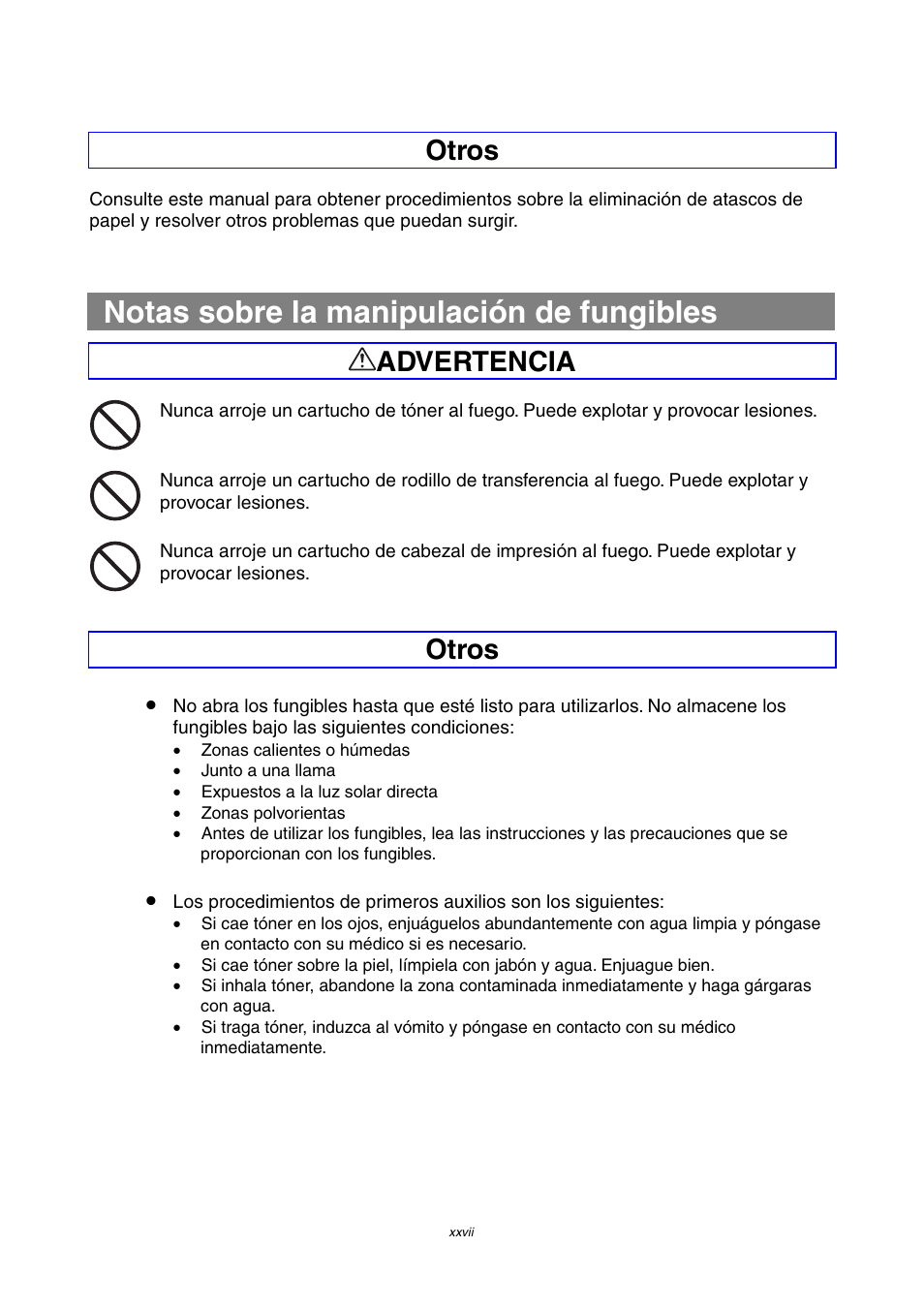 Notas sobre la manipulación de fungibles, Otros, Advertencia | Brother HL-4000CN User Manual | Page 27 / 192