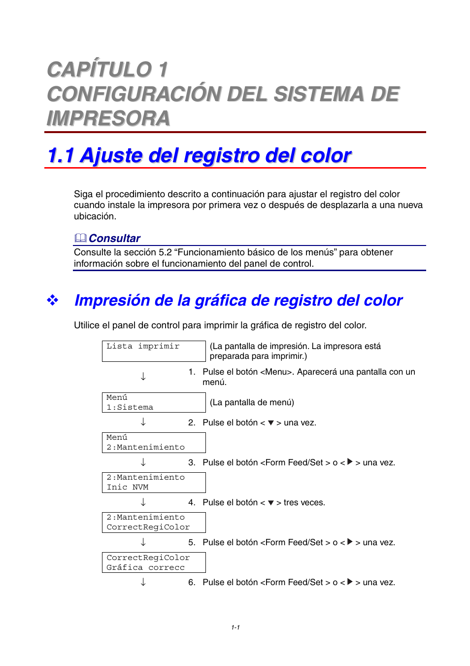 Capítulo 1 configuración del sistema de impresora, 1 ajuste del registro del color, Impresión de la gráfica de registro del color | Brother HL-4000CN User Manual | Page 29 / 192