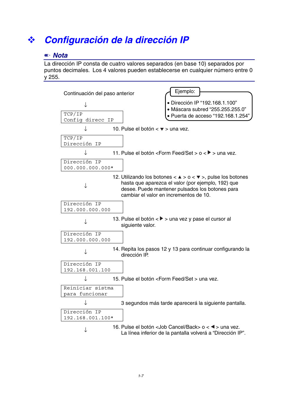 Configuración de la dirección ip, Nota | Brother HL-4000CN User Manual | Page 35 / 192