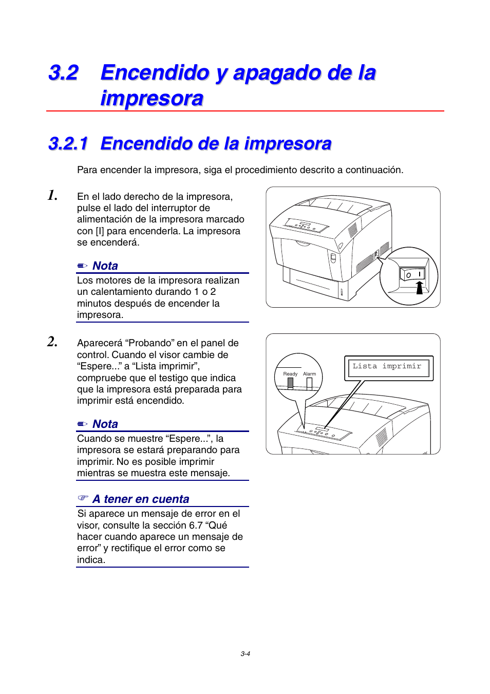 2 encendido y apagado de la impresora, 1 encendido de la impresora, Encendido de la impresora | Brother HL-4000CN User Manual | Page 48 / 192