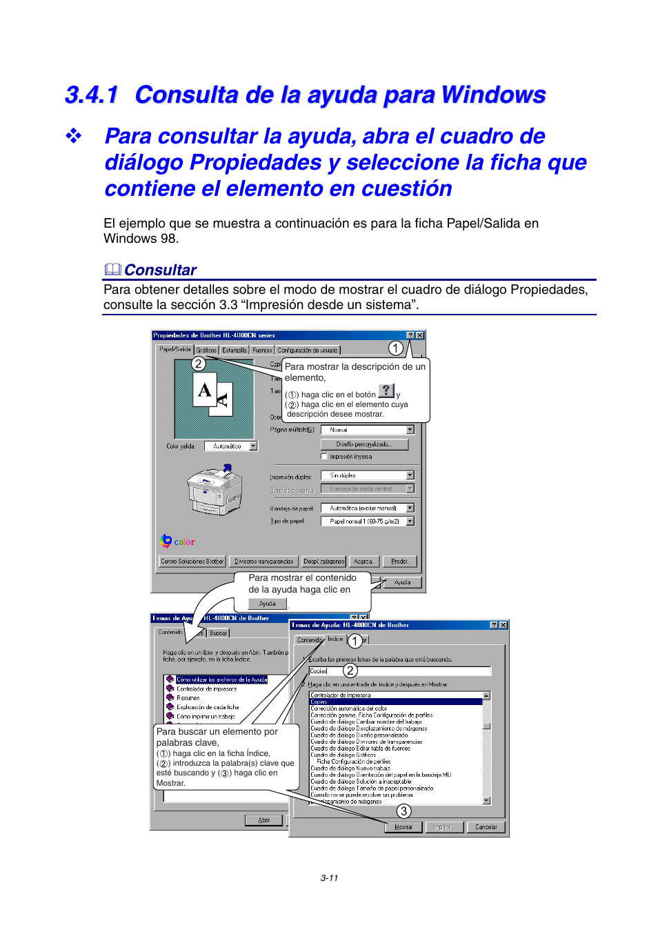 1 consulta de la ayuda para windows, Consulta de la ayuda para windows, Contiene el elemento en cuestión | Brother HL-4000CN User Manual | Page 55 / 192