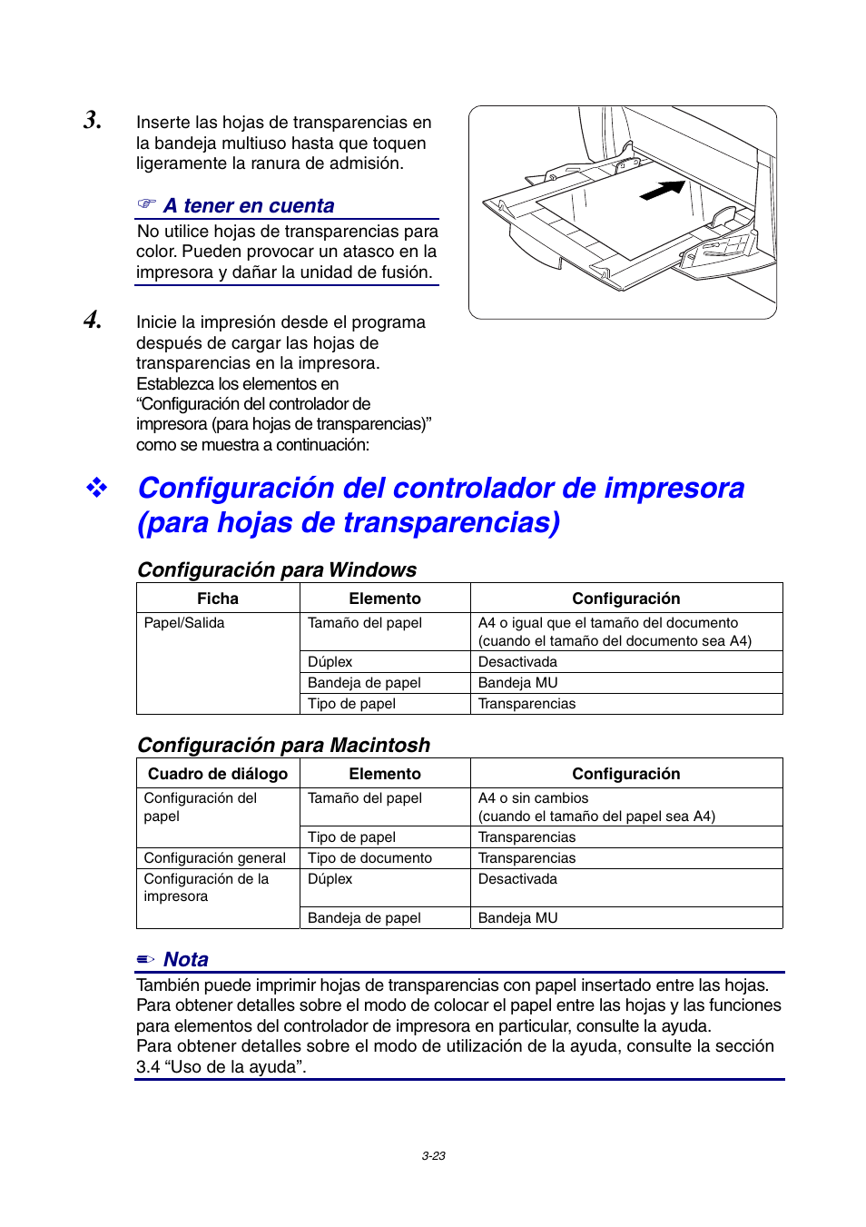 A tener en cuenta, Configuración para windows, Configuración para macintosh | Nota | Brother HL-4000CN User Manual | Page 67 / 192