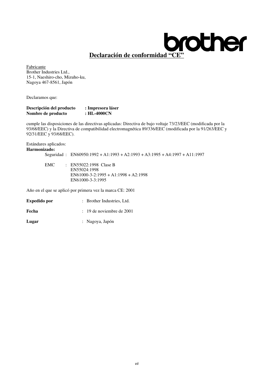 Declaración de conformidad “ce | Brother HL-4000CN User Manual | Page 7 / 192