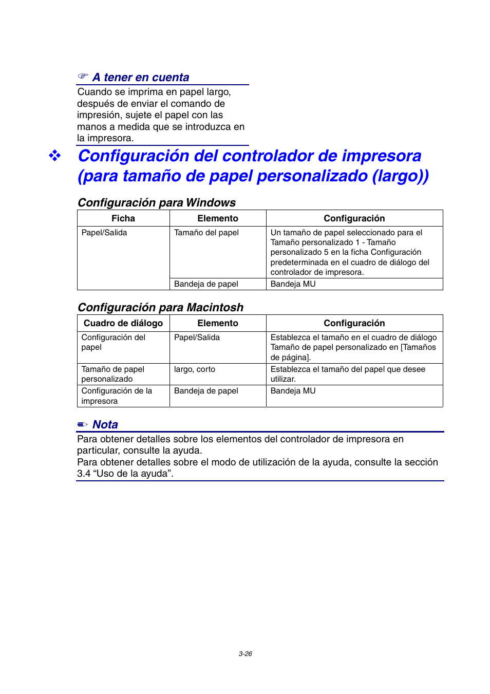 A tener en cuenta, Configuración para windows, Configuración para macintosh | Nota | Brother HL-4000CN User Manual | Page 70 / 192