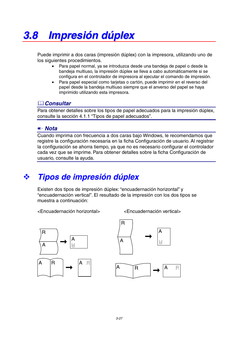 8 impresión dúplex, Tipos de impresión dúplex | Brother HL-4000CN User Manual | Page 71 / 192