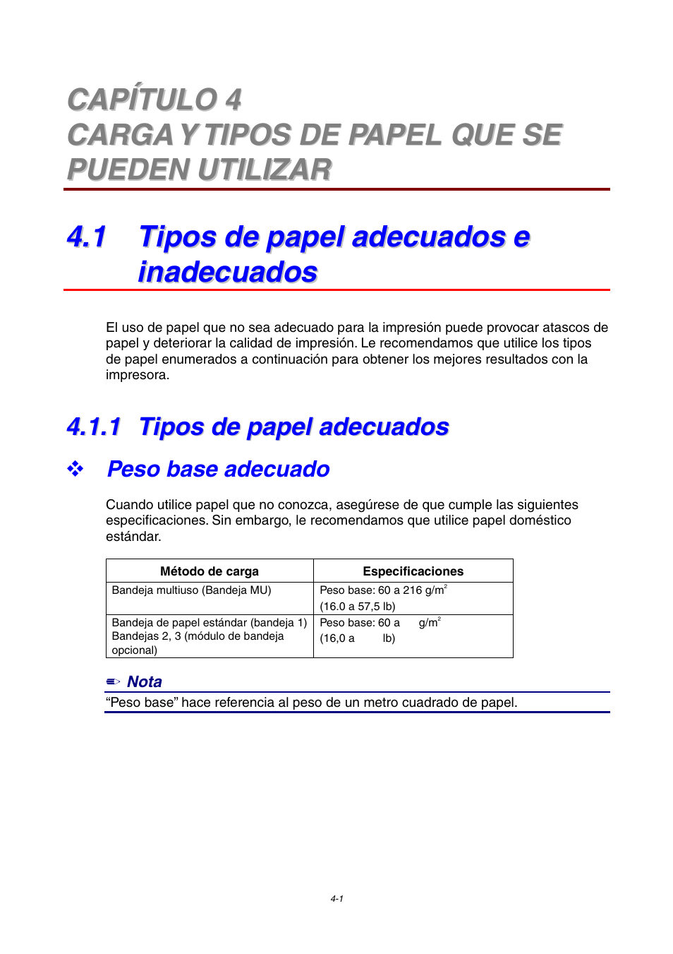 1 tipos de papel adecuados e inadecuados, 1 tipos de papel adecuados, Peso base adecuado | Tipos de papel adecuados | Brother HL-4000CN User Manual | Page 74 / 192