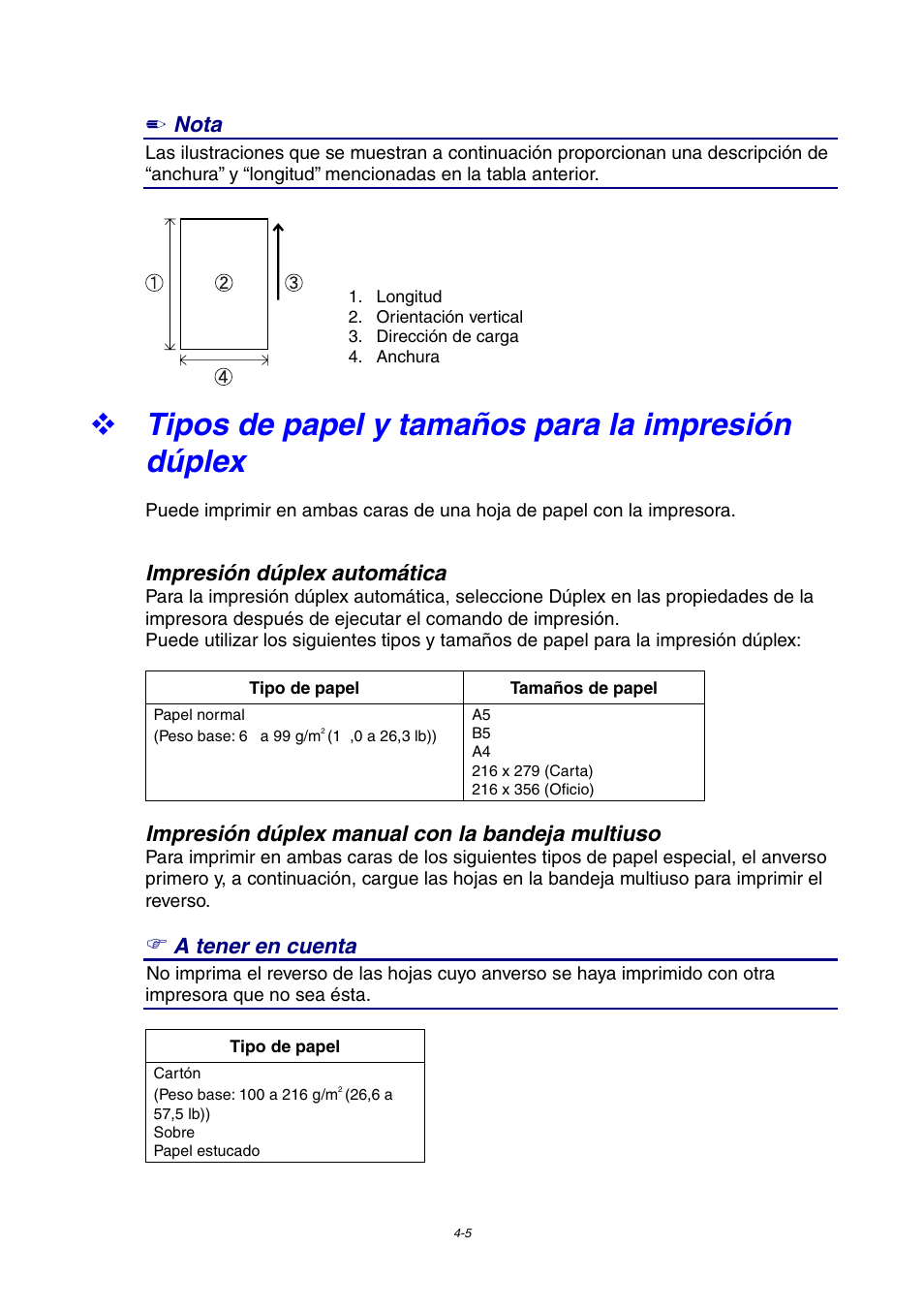 Tipos de papel y tamaños para la impresión dúplex, Nota, Impresión dúplex automática | Impresión dúplex manual con la bandeja multiuso, A tener en cuenta | Brother HL-4000CN User Manual | Page 78 / 192