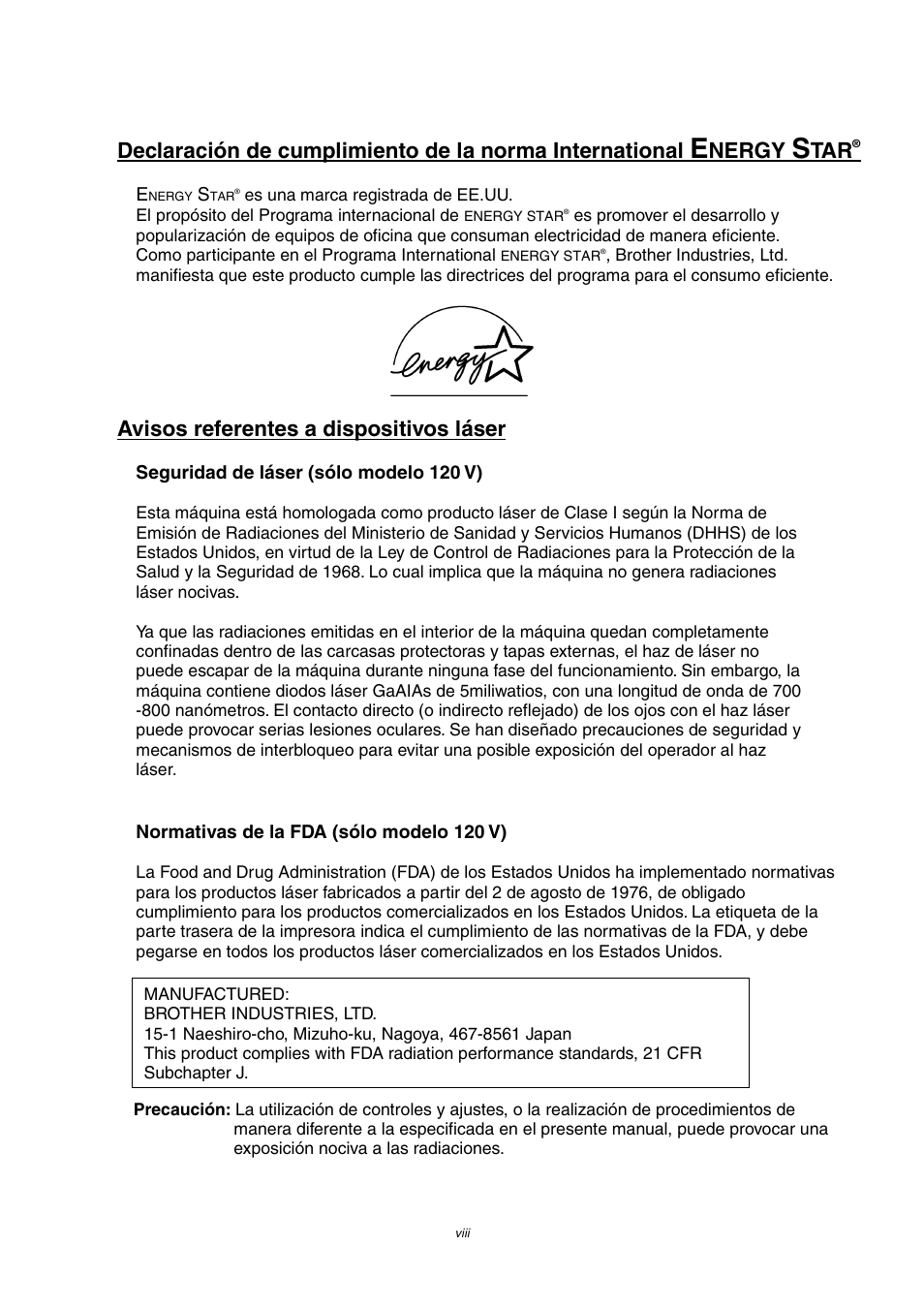 Nergy, Avisos referentes a dispositivos láser | Brother HL-4000CN User Manual | Page 8 / 192