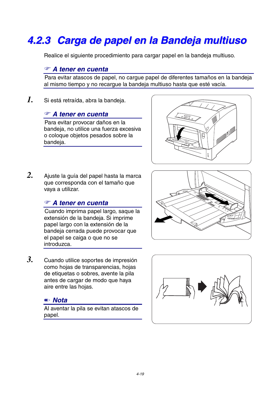 3 carga de papel en la bandeja multiuso, Carga de papel en la bandeja multiuso | Brother HL-4000CN User Manual | Page 92 / 192