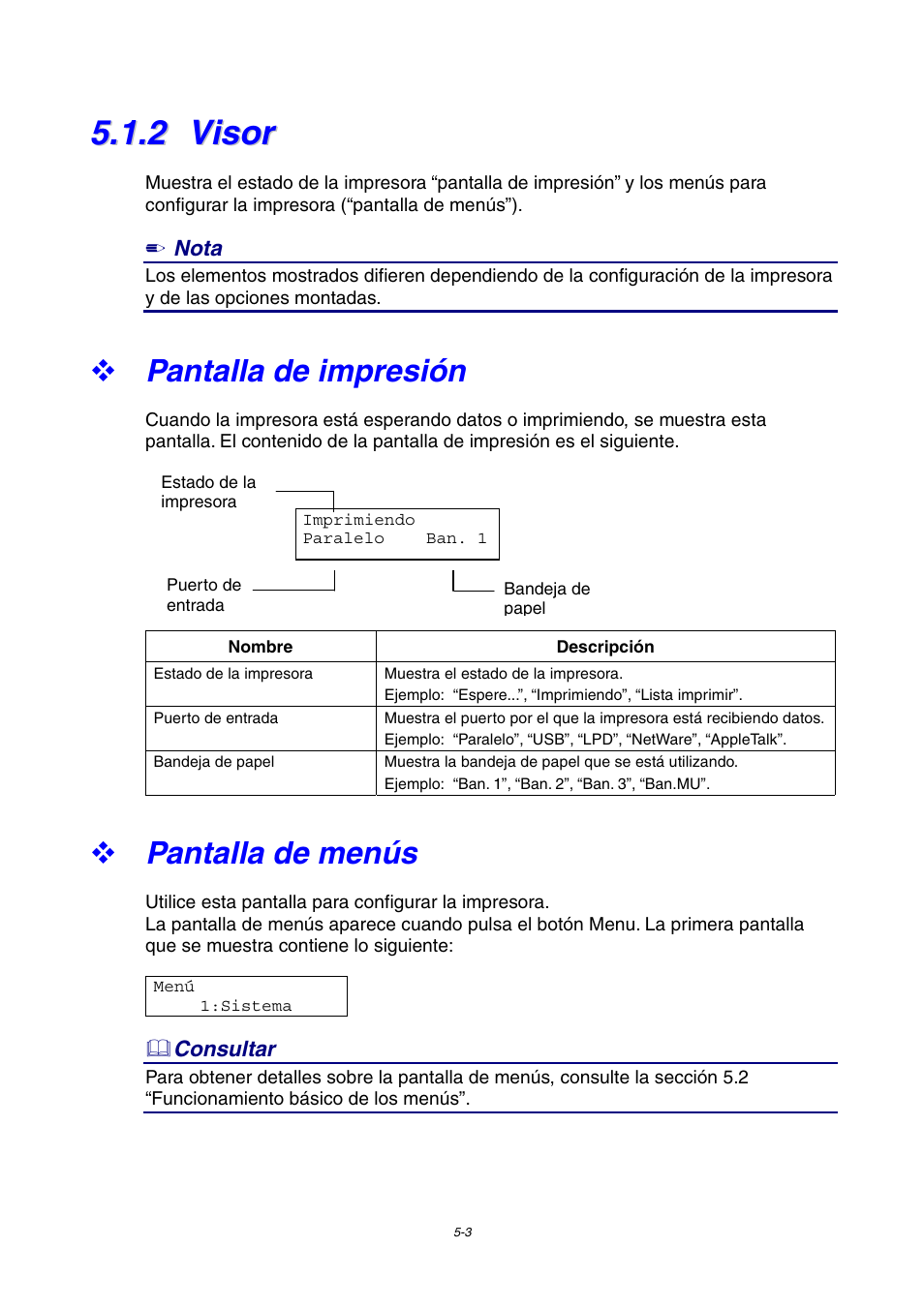 2 visor, Pantalla de impresión, Pantalla de menús | Visor | Brother HL-4000CN User Manual | Page 96 / 192