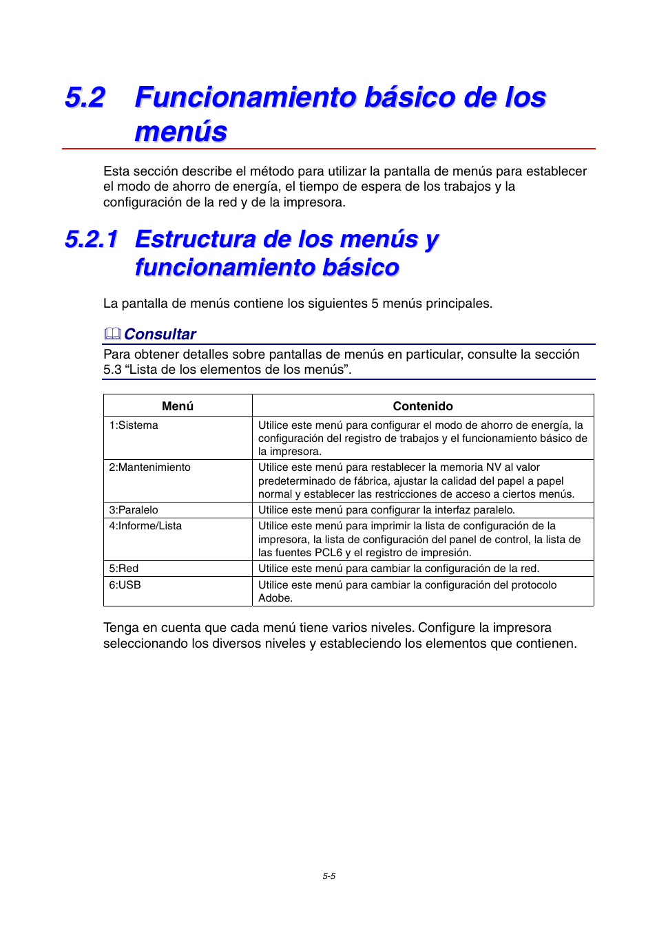 2 funcionamiento básico de los menús, 1 estructura de los menús y funcionamiento básico, Estructura de los menús y funcionamiento básico | Brother HL-4000CN User Manual | Page 98 / 192