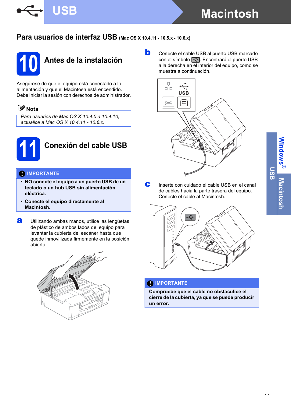 10 antes de la instalación, 11 conexión del cable usb, Macintosh usb | Brother DCP-J925DW User Manual | Page 11 / 38