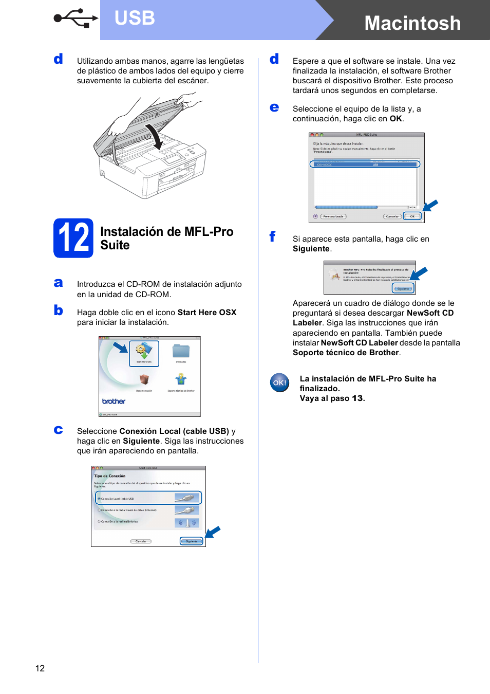 12 instalación de mfl-pro suite, Macintosh usb | Brother DCP-J925DW User Manual | Page 12 / 38