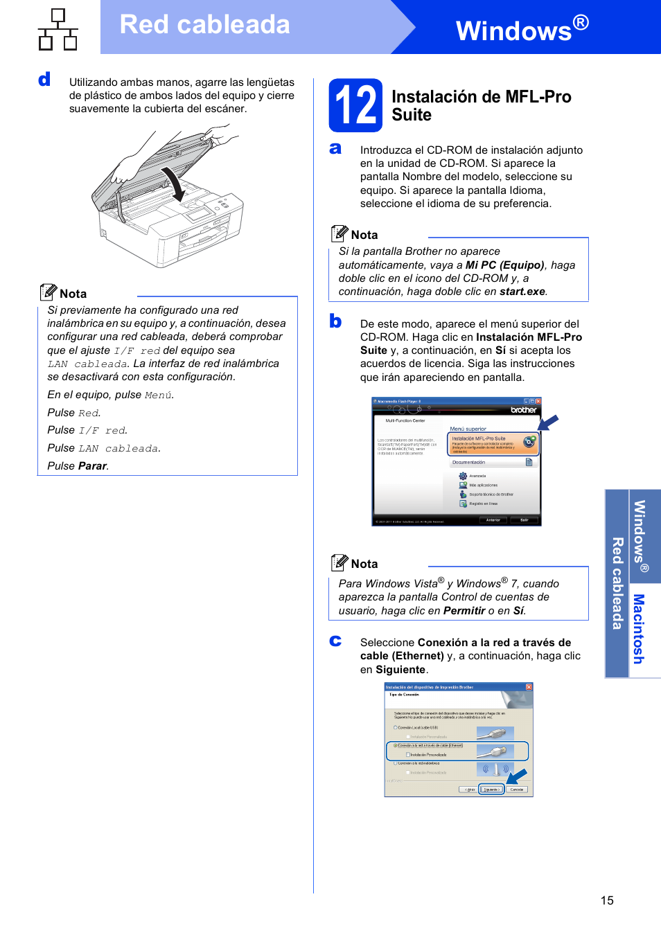 12 instalación de mfl-pro suite, Windows, Red cableada | Brother DCP-J925DW User Manual | Page 15 / 38